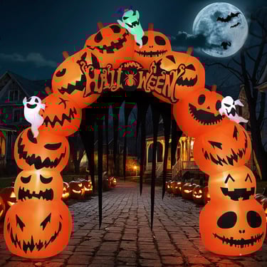 Inflatable Halloween arch with jack-o-lanterns as pathway lights