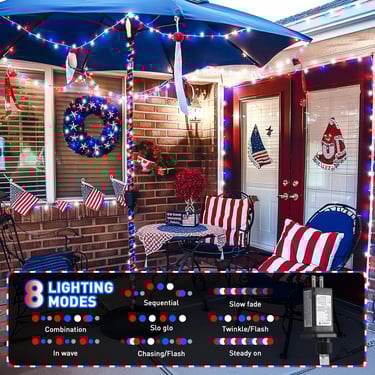 Patriotic zone with lights, flags, cushions, etc
