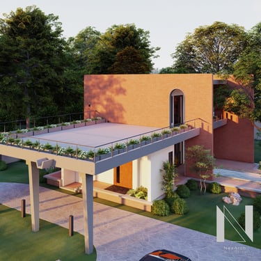 Photograph of a farmhouse under construction, designed by NexArch Studio. View of the main entrance..