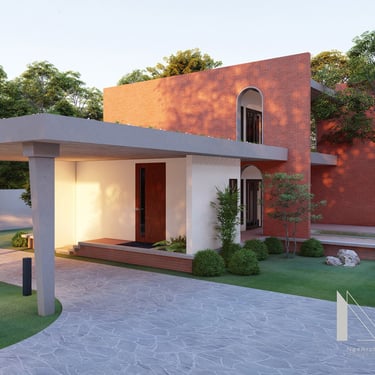 Photograph of a farmhouse under construction, designed by NexArch Studio. View of the main entrance..