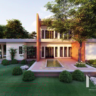 Photograph of a farmhouse under construction, designed by NexArch Studio. View of the pool side.