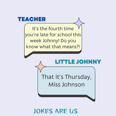 Exchange between teacher and Little Johnny about being late, highlighting Johnny's clever response.