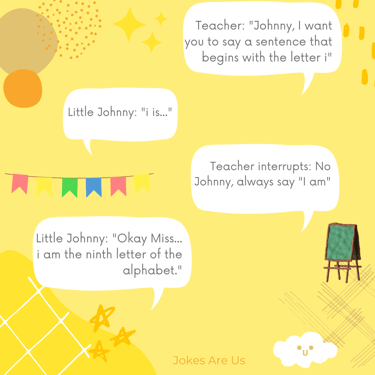An interaction btw a teacher and a student, highlighting a playful exchange about the letter "I."