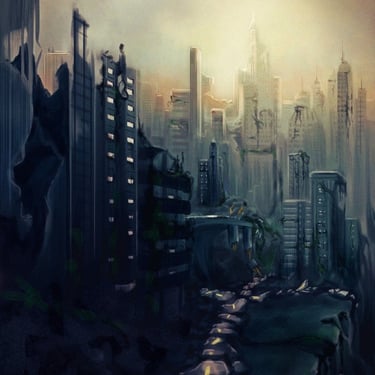 An ilustration of a post-apocalyptic ruined city bathed in pale warm light & draped in cool shadows.