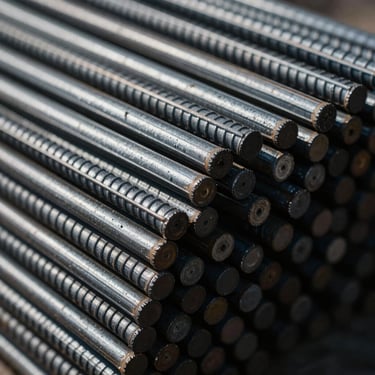 High-contrast close-up of stacked heavy-gauge steel reinforcement bars, cold metallic tones, dramatic side-lighting with deep shadows, 35mm