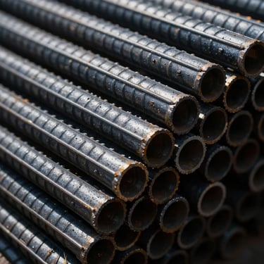 Extreme macro close-up of stacked heavy-gauge structural steel reinforcement bars, cold metallic tones, dramatic side-lighting with deep shadows, sharp industrial textures