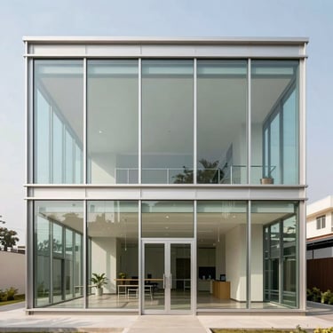 Symmetric architectural shot of a modern glass office pavilion in Noida Sector 62, clean geometric steel framing, bright daylight, premium architectural photography