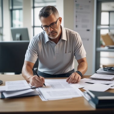 Photo of a professional  middle-aged man reviewing documents in a modern office setting.