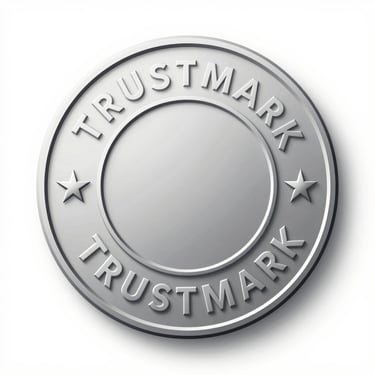 Clean unembellished vector diagram of a Silver TrustMark, precise geometric circular seal with a silver metallic accent color, stark white background.