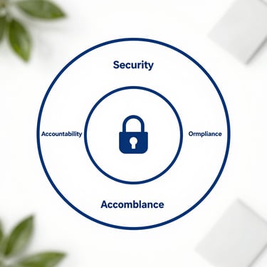 Precise technical vector diagram showing three nested concentric circles representing security, accountability, and compliance, clean white background, clinical blue lines.