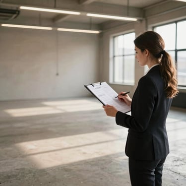 Un agente inmobiliario en traje inspecciona un espacio de oficina comercial vacante con un portapape