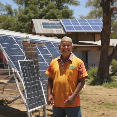 Smiling community members gathered near solar panels installed in a sunny Ecuadorian village.