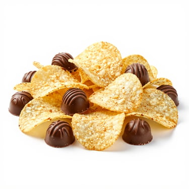 Snack party combo pack with multiple chips and chocolates grouped together, bright high-key studio lighting