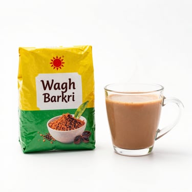 Steaming cup of Indian masala chai next to a Wagh Bakri tea pack, bright high-key lighting, clean background