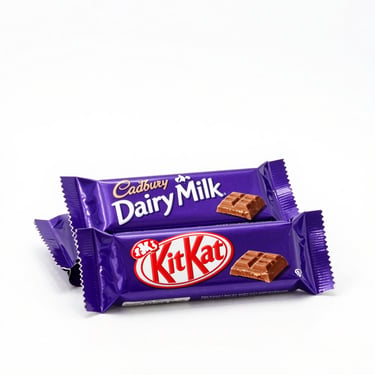 Cadbury Dairy Milk and KitKat chocolate bars stacked neatly, bright studio lighting, clean background