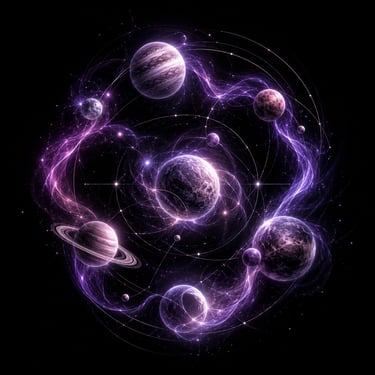 Digital art of a stylized solar system with purple cosmic energy orbits and detailed planets.