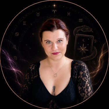 Spiritual woman with zodiac symbols and tarot card graphics for astrology readings.
