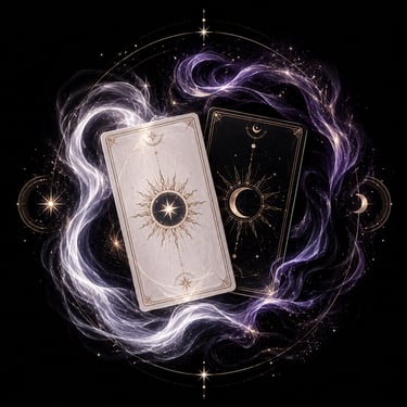 A celestial tarot card set with sun and moon designs surrounded by magical purple energy and stars.