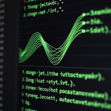 Tight macro crop of a dark-mode IDE interface, glowing neon green syntax highlighting against a deep black background, abstract vector data flow lines.