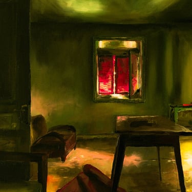 a painting of a dilapidated  room with a table and chairs