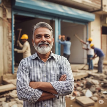 Imagen de un empresario de la construcción con sus trabajadores en la parte de atras