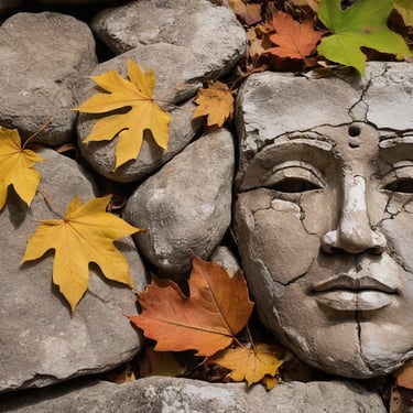 A mask carved into a rock with leaves around it.
