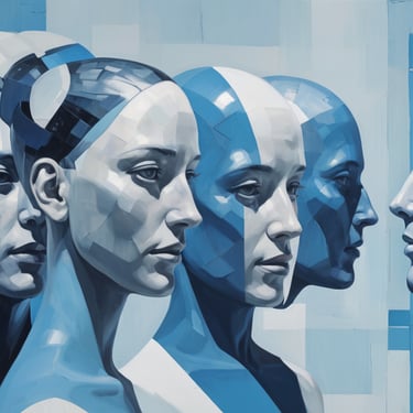 A painting of a group of blue and grey people standing.
