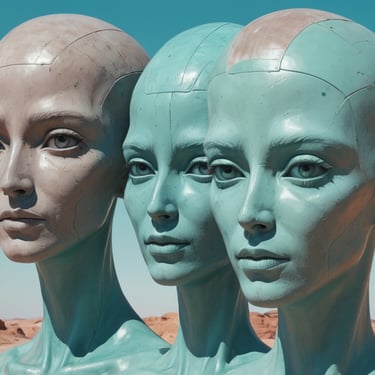 Three human heads on a stand in the desert.