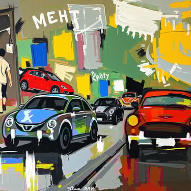 An abstract painting of cars in a road