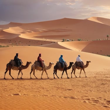 A group of men riding camels through the desert.