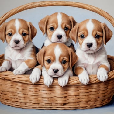 A colored pencil drawing of four puppies in a basket.
