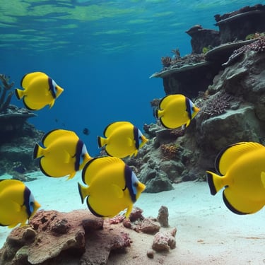 A group of yellow fish swimming inside a reef.