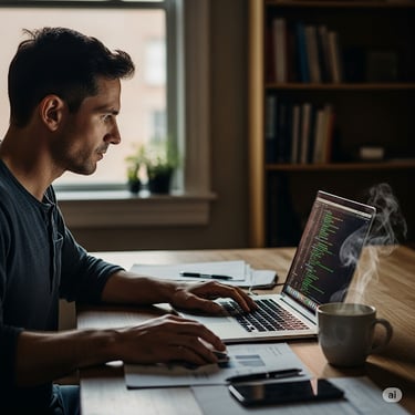 A man sitting at a computer desk with a laptop