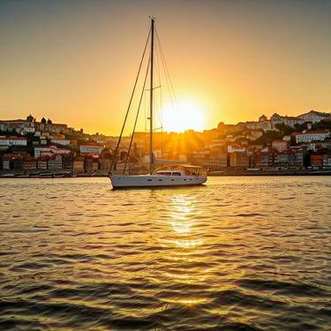 Voilier au mouillage au coucher du soleil sur le Douro