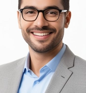 a smiling man in a suit and glasses