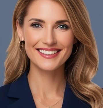 a woman in a blue suit and a necklace