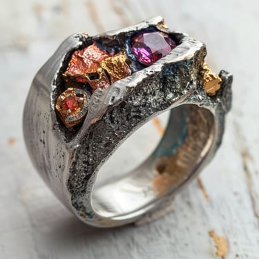 Brutalist Jewelry Bold Statement Necklaces Earrings : Textured Brutalist Ring with Colorful Stones