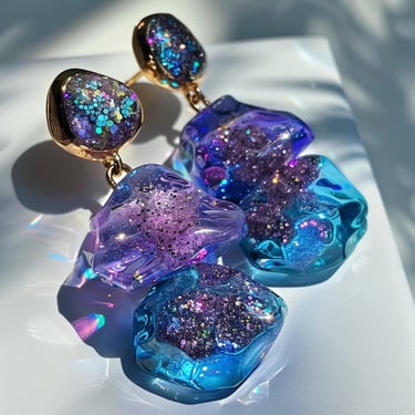 Purple Blue Sparkled Glass. Chunky Earrings