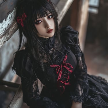 Goth Asian Outfit ideas: Black Lace Dress with Red Ribbons