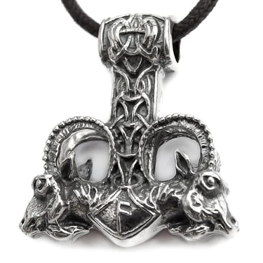 Large Thor Hammer Mjolnir Necklace in Sterling Silver. Odins Viking Pendant with Thors Goats and Runes - Mens Pagan Nordic 