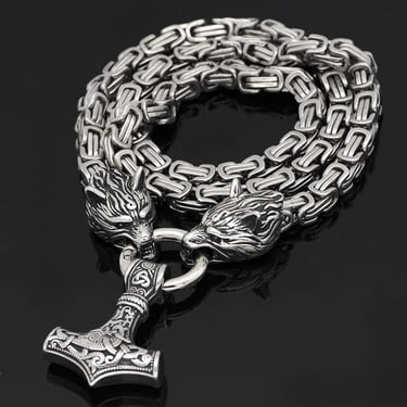 Men Viking Wolf Head Pendant Necklace . Heavy Duty Stainless Steel Chain