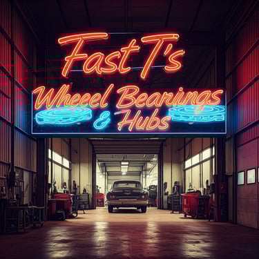 Neon sign at Auto Garage that says "Fast T's Wheel Bearings & Hubs
