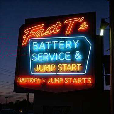 Neon sign at auto shop that says "Fast T's Battery Service & Jump Starts"