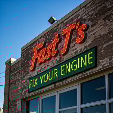 Neon Sign Says Fast T's Fix Your Engine on an Auto Repair Shop wall