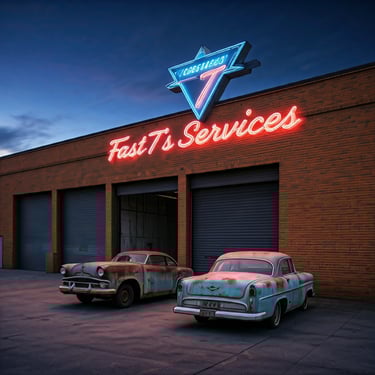 neon sign that says Fast T's Services with 2 old cars sitting in front of a 1950's Auto Repair Shop