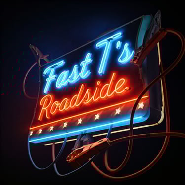 neon sign with jumper cables around it that says Fast T's Roadside 