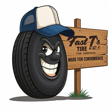 a cartoon car tire holding a sign that says Fast T's Tire Made for Convenience 