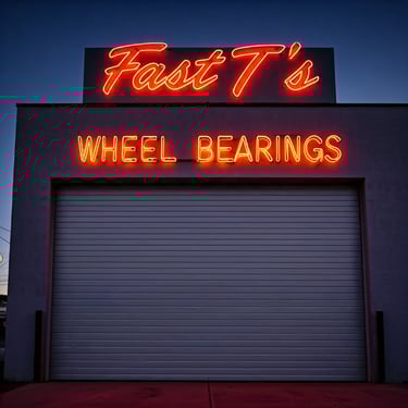 Neon sign on auto garage says Fast T's Wheel Bearings
