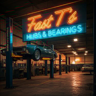 neon sign hanging from a car lift in an Auto repair shop that says Fast T's  Hubs & Bearings 