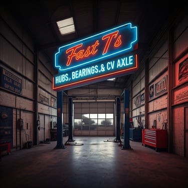neon sign hanging in a garage work bay that says Fast T's Hubs, Wheel Bearings, & CV Axle